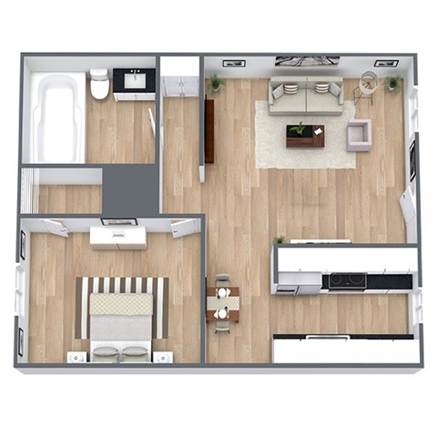 Floor plan for 1 bed, 1 bath, 720 sqft